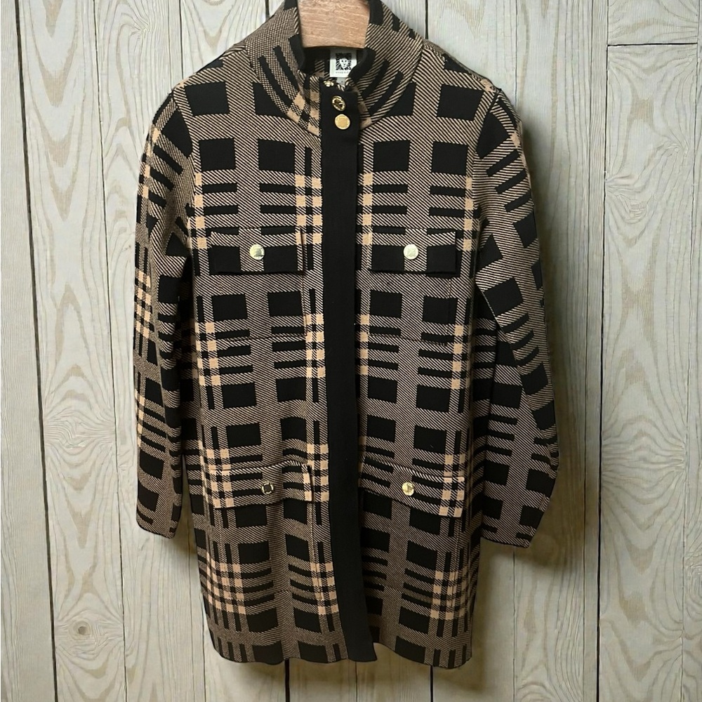 Anne Klein- NWT- Black and Tan Plaid Women's Coat  Medium - Picture 2 of 8
